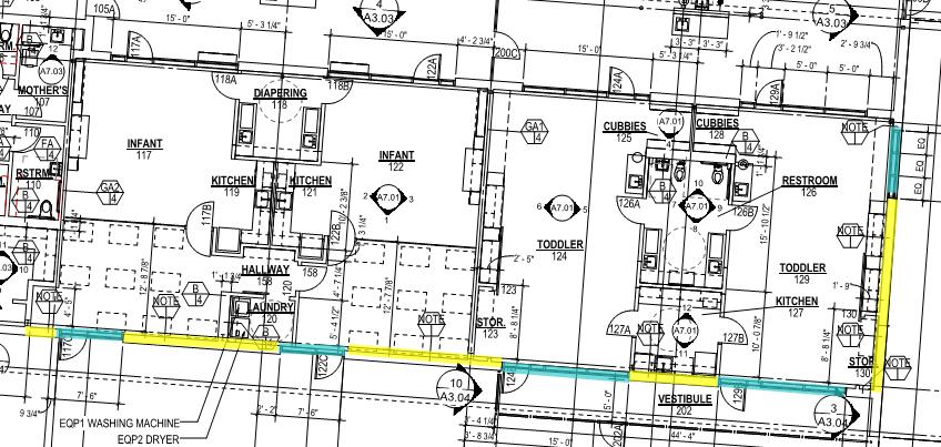 Figure 1: South Elevation of A1 Child Care along Bay Road Figure 3: Extent of enhanced wall (yellow) and glazing (blue) recommended for exterior facade MWA has been actively working with the design