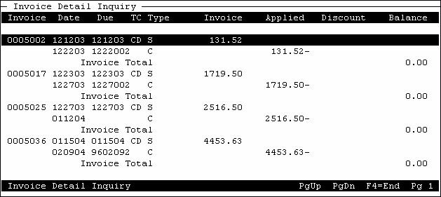 Invoice Detail Inquiry The Invoice Detail Inquiry shows a customer s open invoice file containing a record of billings, payments, adjustments and finance charges.