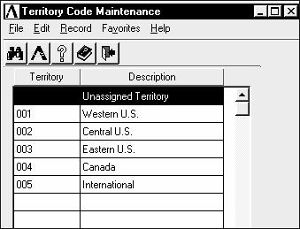 Territory Code Maintenance The Territory Code Maintenance task allows for the creation, modification, deletion, inquiry and listing of territory codes used in the Order/Invoice Processing and Sales