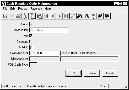 Cash Receipts Code Maintenance The Cash Receipts Code Maintenance task allows for the creation, modification, deletion, inquiry and listing of cash receipts codes used in Cash Receipts Entry.