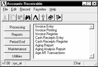 Accounts Receivable Main Menu Accounts Receivable Main Menu Function The Accounts Receivable main menu provides access to most tasks in the Accounts Receivable module,