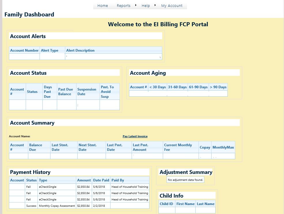 Adjustment Summary Account updates or corrections Child Info: List of children associated with the family Payment History: List of payment history including successful or failed