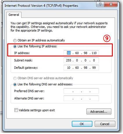 7. When the following window appears, change the IP address that fits the network