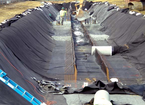 Stormwater detention system Underground stormwater detention system schematic. Geomembrane installed with nonwoven geotextile for puncture protection.