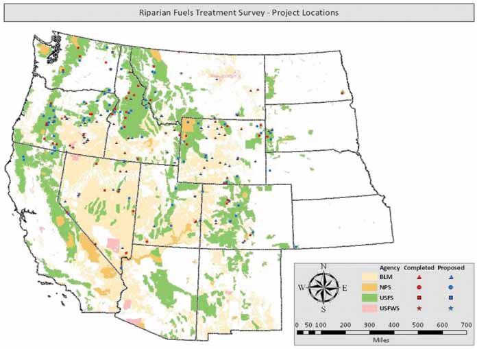 Locations of completed and proposed riparian fuels treatment projects by agency. (Note: The online survey targeted Federal resource managers in the Interior West and northern Great Plains.
