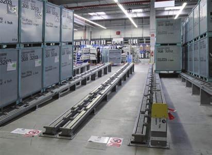 Flow pallet racks are composed of pallet racking construction and a rail system with rollers, along which the pallets travel due to the slight slope.