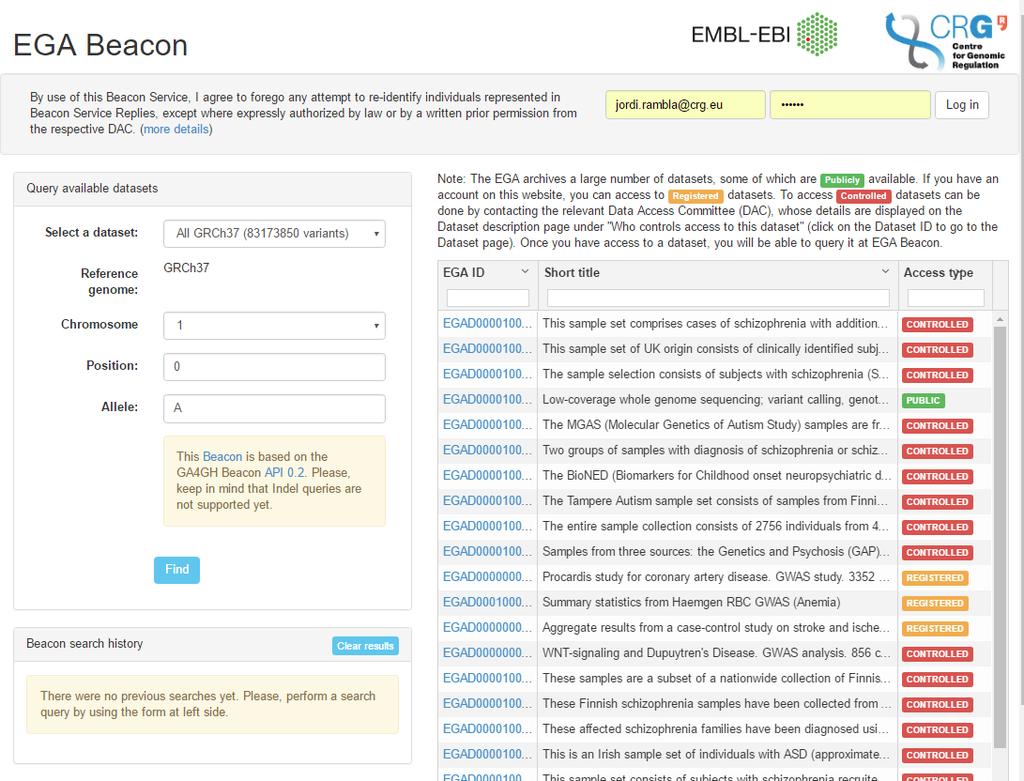 The EGA Beacon GA4GH Beacons are a discovery service: which datasets include genomes with allele of interest?