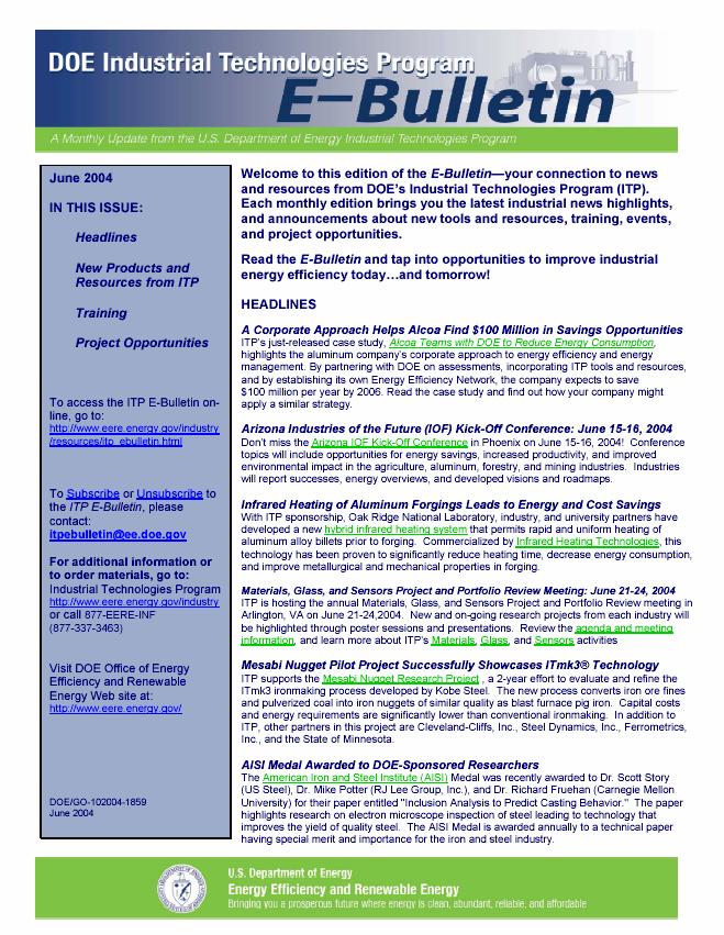 ITP E-Bulletin A monthly email update of key program and technology developments of interest to industrial