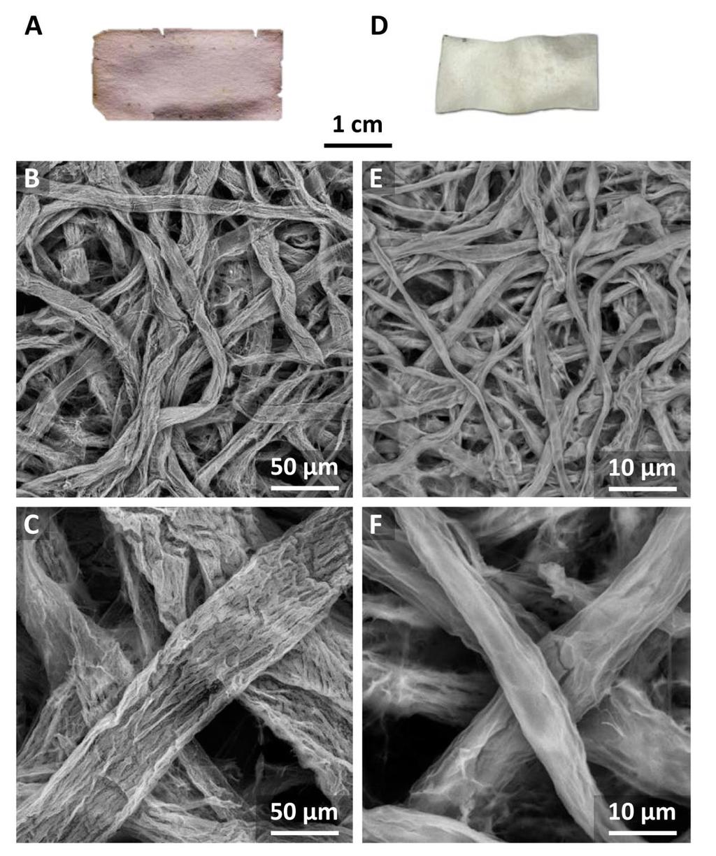 Figure S-12: Photo of a paper-templated structure composed of TiO2 (A) and two SEM images of the structure at two different magnifications