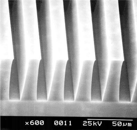 B Loechel Figure 6. Lines and spaces in AZ 4562 photoresist with a thickness of 15 µm and line width of 2 µm, the top parts of the lines break down, caused by the undercut. Figure 4.
