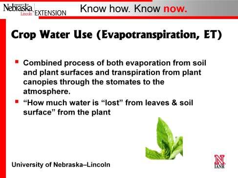 Crop Water Use (Evapotranspiration)The evapotranspiration (ET) process is a key variable in many disciplines including, irrigation management, crop growth, hydrologic cycle, plant physiology,