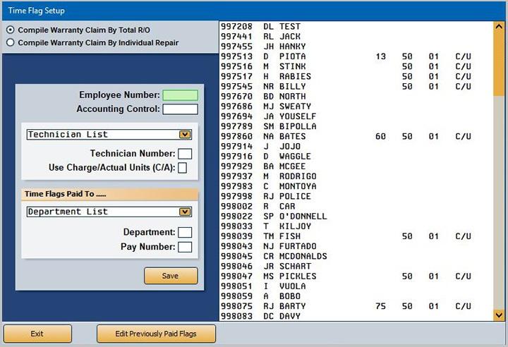 Autosoft DMS Dealership Payroll 1. Click Setup. The Time Flag Setup screen opens. 2. Click to select if you want to compile the time flags by the total R/O or by individual repairs. 3.