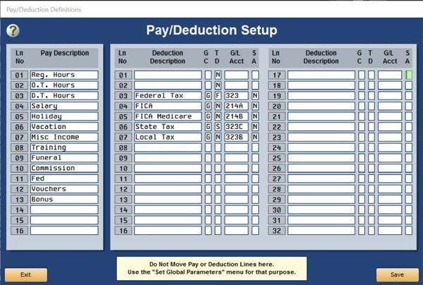 Autosoft DMS Dealership Payroll Pay/Deduction Descriptions Use this button to set up deduction information, such as the general ledger account and the tax rate table to use for each deduction.