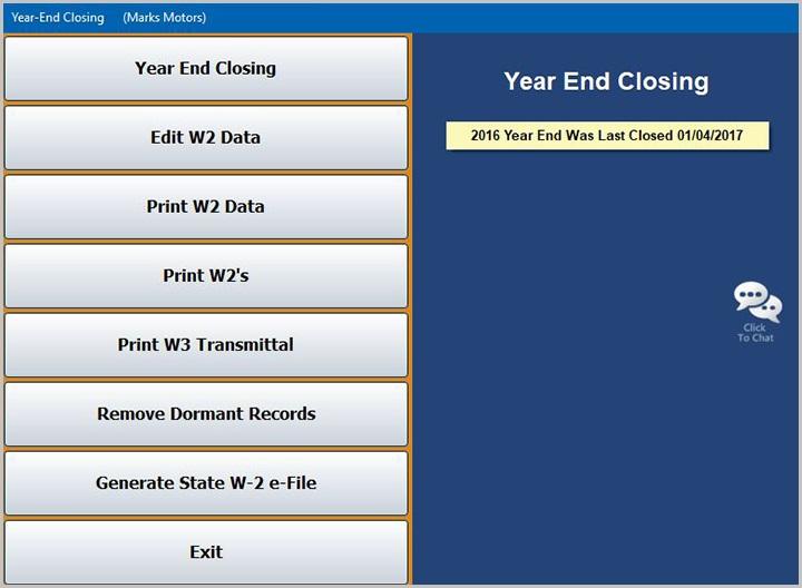 Autosoft DMS Dealership Payroll Year-End Closing & W2 s This button advances you to the Year-End Closing menu. You use this menu to close the year.