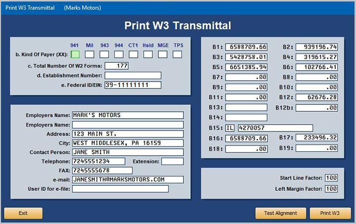 Autosoft DMS Dealership Payroll Print W3 Transmittal Use this screen to print the W-3 form. You should perform a test print to ensure the text lines up on the form before printing the final copy.