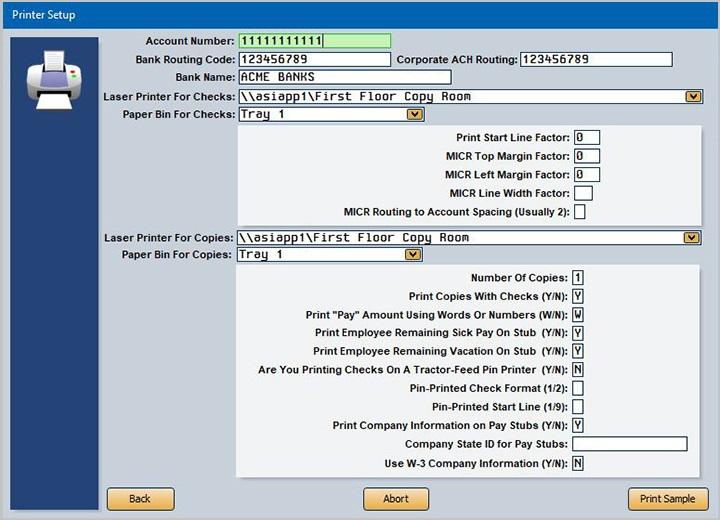 Appendix B Direct Deposit Setting Printer Parameters for Direct Deposit You will enter your dealership s banking information for direct deposit purposes using the Printer Setup button on the Payroll