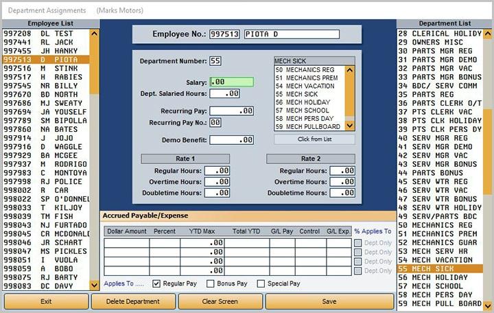 Autosoft DMS Dealership Payroll Assigning Employee Sick Pay Departments 1. From the Dealership Payroll menu, select Employee Information. 2. Click Employee Department Assignments. 3.
