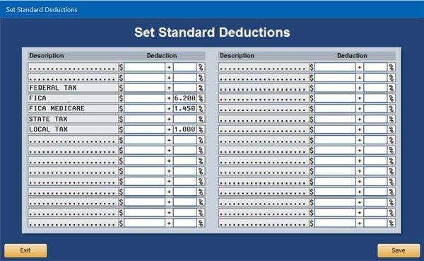 Autosoft DMS Dealership Payroll Set Standard Deductions Use this button to set standard deductions that are taken from the employees pay.