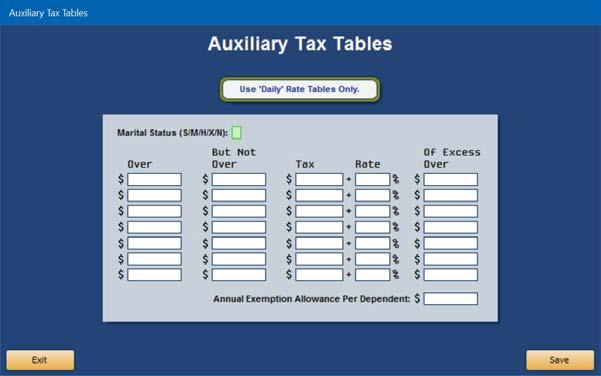Chapter 1 Setup Auxiliary Table Use this button to enter auxiliary tax information used when an employer has employees from more than one state.