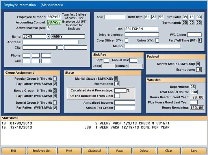 Autosoft DMS Dealership Payroll Employee Master File Use this button to define individual employee pay parameters. You will assign the employee pay groups and pay patterns.