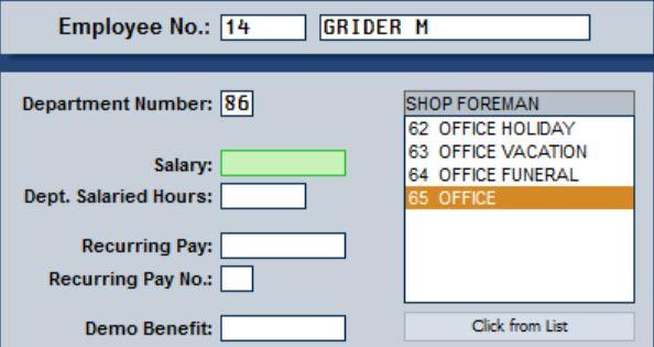 , type the employee number for the employee whose information you want to enter, or click the employee you want to select from the list on the left side of the screen.