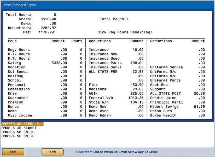 The bottom of the screen displays a list of employees in the compiled payroll, and the payroll information for the first