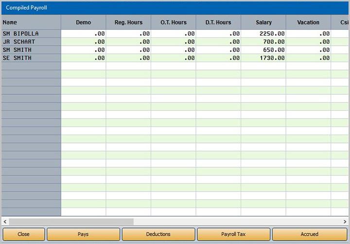 Chapter 5 Compile Payroll View Compiled All You can view all of the compiled payroll information and the deductions by clicking View Compiled All.