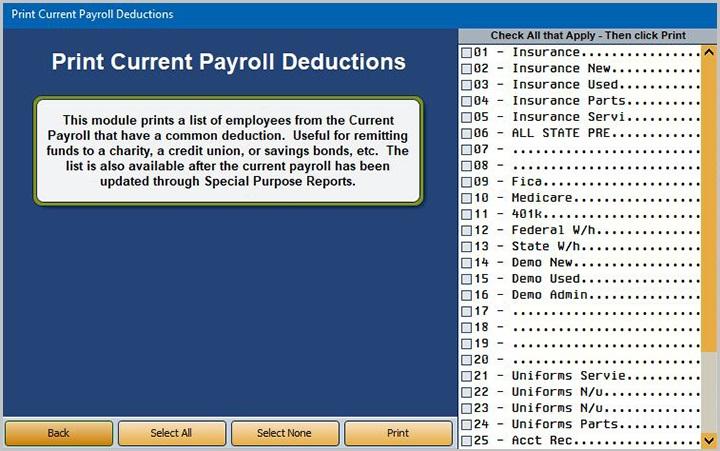 Autosoft DMS Dealership Payroll Print Compiled Payroll Use this button to print the compiled payroll information. The printout is divided into two parts.