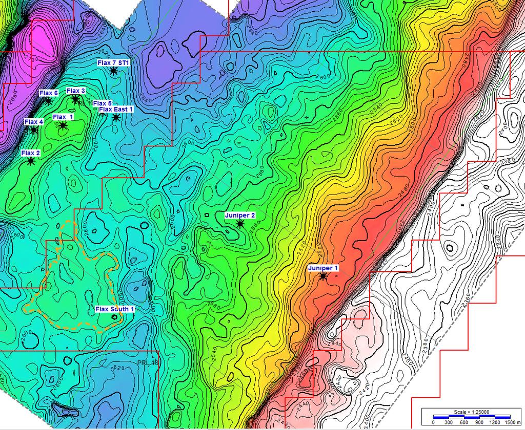 Flax - Juniper 3D Seismic Juniper structure has up dip potential of ~30 metres, extending several kilometres on trend PRL 17 Gross P50 OOIP mmbbls Flax 15 PRL 14 PRL 18 Juniper 27 Total 42 Flax