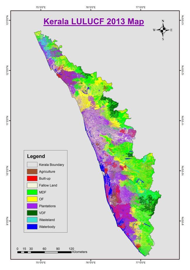 3. Kerala Figure 3: LULUCF comparison of Kerela Classes NRSC NRSC Built-up 620.00 937.99 51% 1451.71 1033.82-29% Forest 17335.00 17592.83 1% 17922.00 17528.41-2% Cropland 3578.38 8013.46 124% 3444.