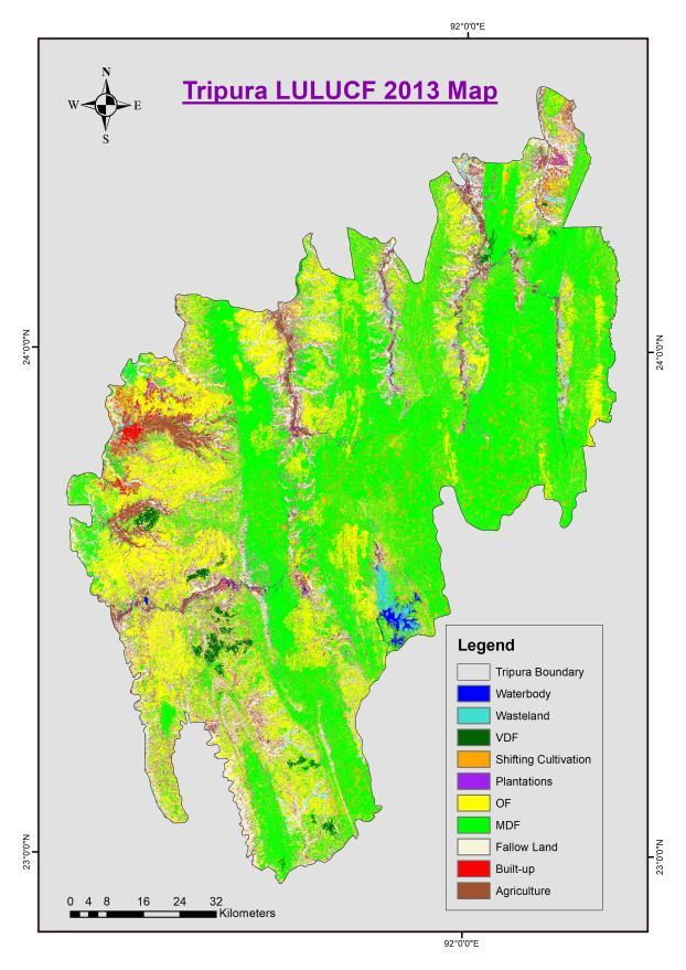 5. Tripura Figure 5: LULUCF comparison of Tripura NRSC (%) NRSC (%) Built-up 343.30 224.06-35% 498.42 206.54-59% Forest 6820.59 7762.92 14% 7084.67 7811.36 10% Cropland 2124.59 1845.14-13% 1851.