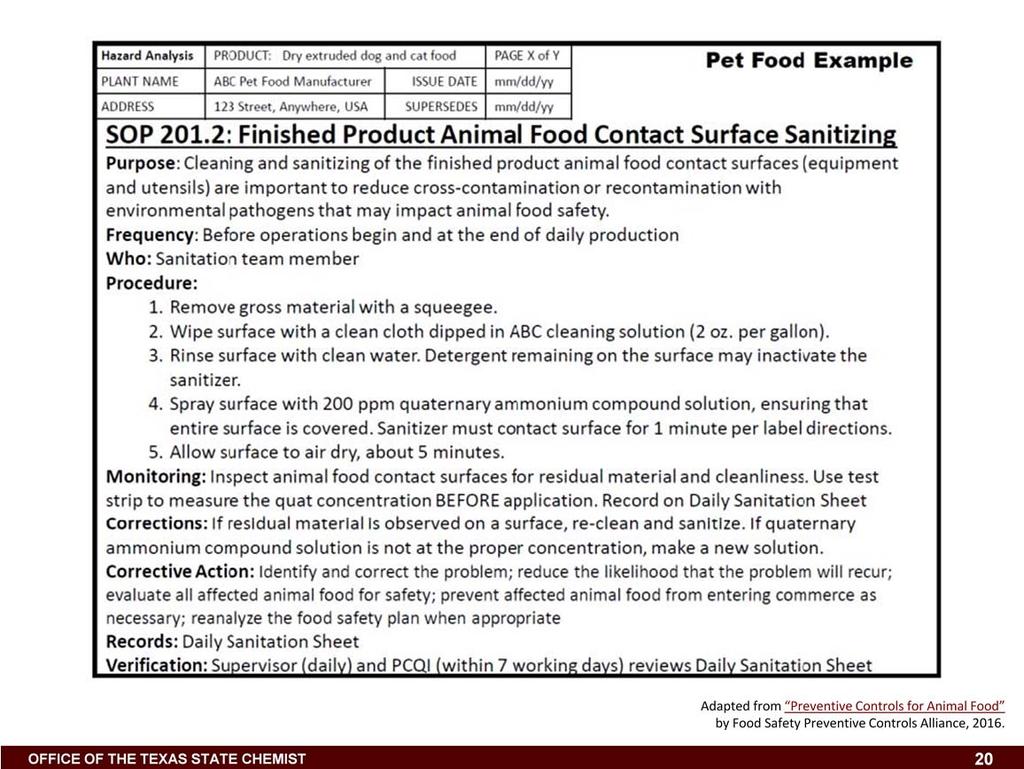 The example above from the ABC Pet Food Manufacturing illustrates how corrections can be described in a sanitizing procedure.