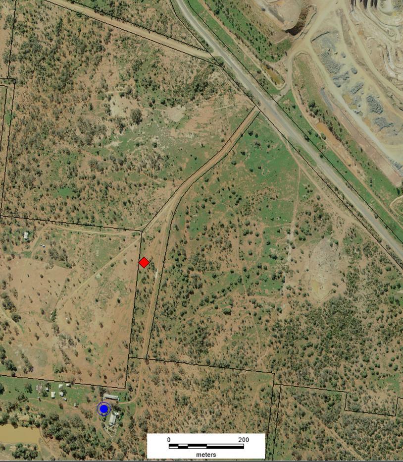 Figure 3: Location of the Dellavale properties house (blue circle) and noise monitoring location (red diamond). 4.