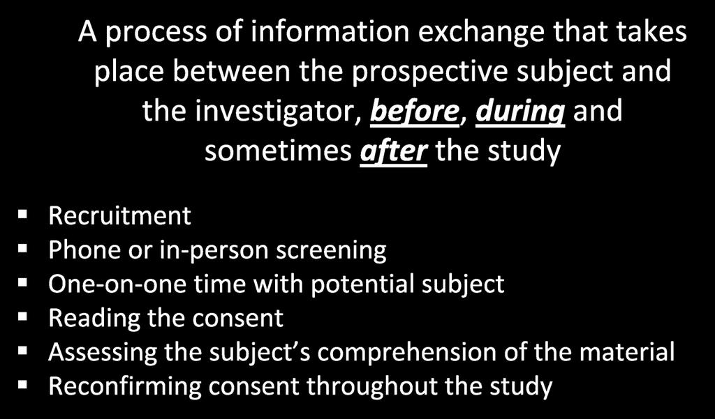 Informed Consent Process A process of information exchange that takes place between the prospective subject and the investigator, before, during and sometimes after the study