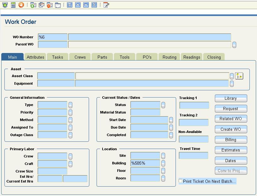 Wild Card Search The Wild Card search option allows you to view all Work Orders that meet a specific criterion. For example, let s view all Work Orders in Building 585 1.