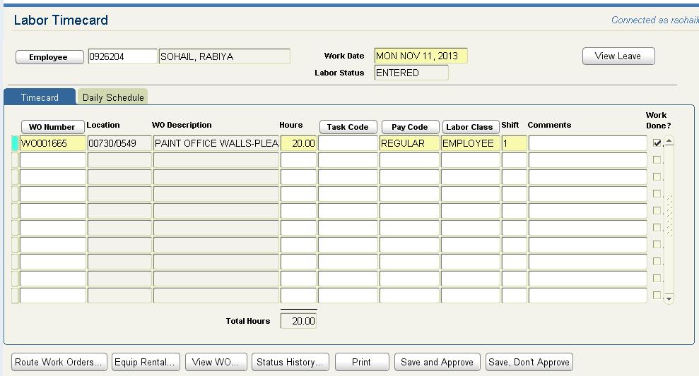 Labor Timecard Form details a b g c d e f h a. Enter Employee ID, employee name will automatically fill in b. Enter Work Date c. Enter WO Number of work order performed d.