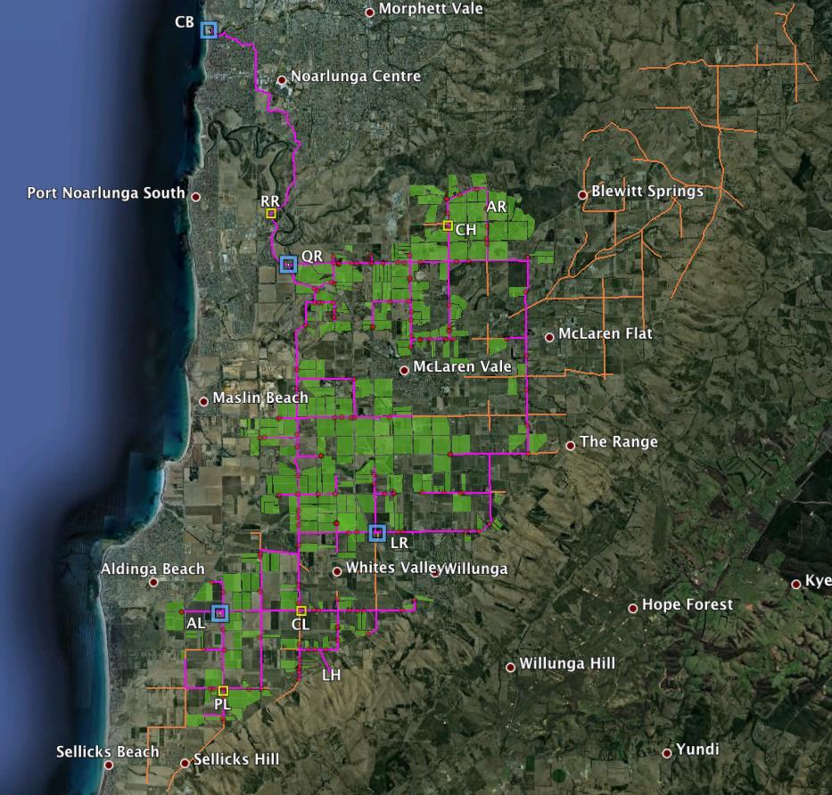 Figure 1: Willunga Basin Water Network including growth plans Key: Pipelines -