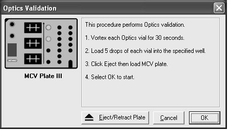Fig. 4. Optics validation dialog. 9. Select the Eject button in the dialog box to eject the plate holder. 10. Place the MCV plate III in the microplate platform. 11.