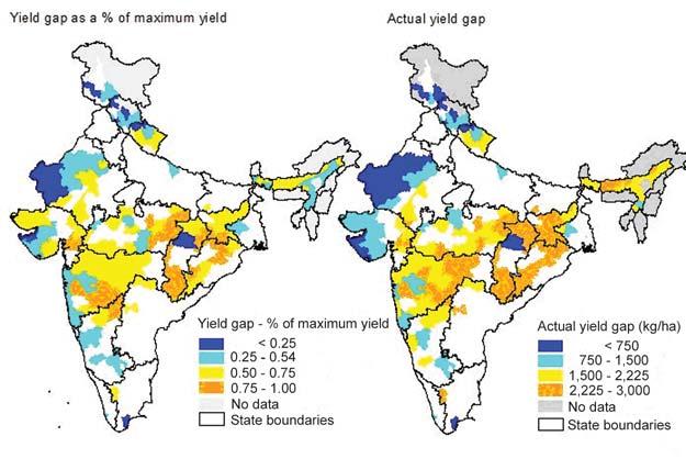 50 % to 75 % of maximum yield, 151 (31 and 120 from the two groups) districts with yield gaps between 25 %-50 % of maximum yield and 58 districts has yield gaps less than 25 % of maximum yield (10