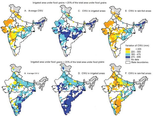 U. A. Amarasinghe and B. R. Sharma 119 districts in subgroup 2 have rain-fed areas under food grains with CWU (=effective rainfall) below 225 mm (map F in Figure 9).