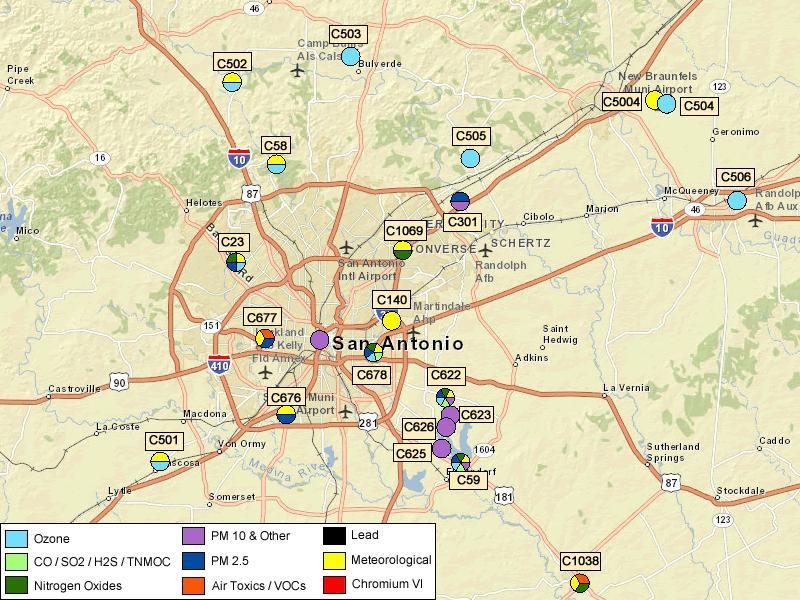 San Antonio-New Braunfels Design Value There are 20 regulatory and non-regulatory air quality monitors in the San Antonio-New Braunfels MSA that record meteorological data and air pollutant