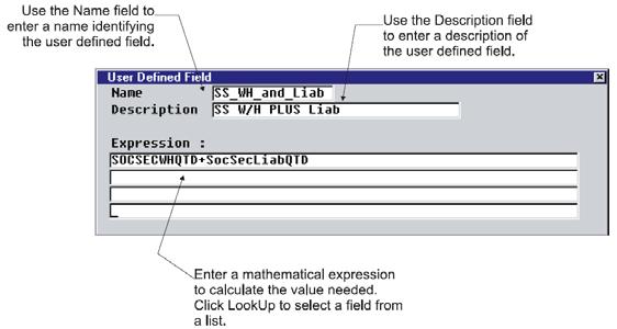 Limiting Records on a Query Creating User Defined Fields 8 Use the User Defined Field dialog box to calculate values needed for a custom report.