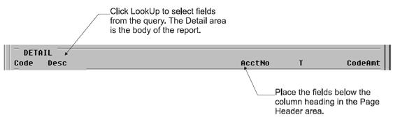 8 Custom Reporting Sage DacEasy Point of Sale User s Guide Completing the Detail Area The Detail area is the body of the report. This is where you select fields from your query.
