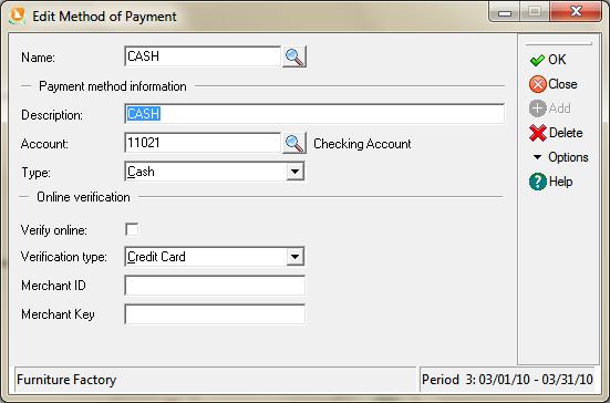 Setting Up Methods of Payment Printing Forms with Company Logo 4 Use the Edit Method of Payment dialog box to add or edit a method of payment.