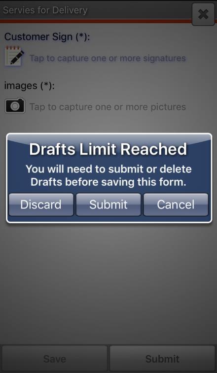 The maximum number of forms drafts on mobile device is 20. Draft Limit Reached message will be displayed while saving the 21 st form as draft.