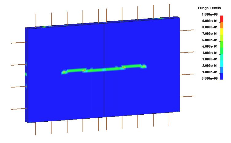 Figure 10 - Concrete damage contours on the outbye side of 300-mm Meshblock seal (load was applied to the inbye