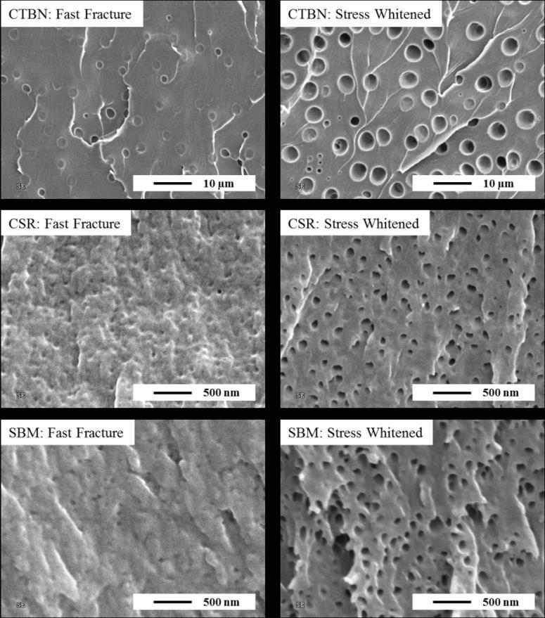 Figure 8: SEM micrographs illustrating void growth in the fast fracture versus stress whitened region in 10 phr of all rubber-modified epoxies examined in this study.