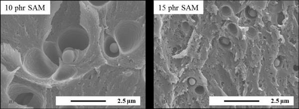 Figure 10: SEM micrographs illustrating the decrease in particle size of the SAM-modified epoxy at 10 and 15 phr. The M A-modified epoxies are illustrated in Figure 11.