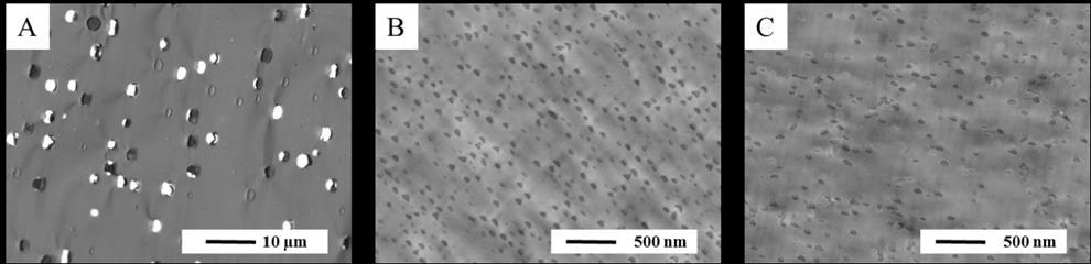 Figure 6: Low magnification STEM micrographs taken of 10 phr of the three modifiers A: CTBN, B: CSR, and C: SBM, respectively. 2.3.