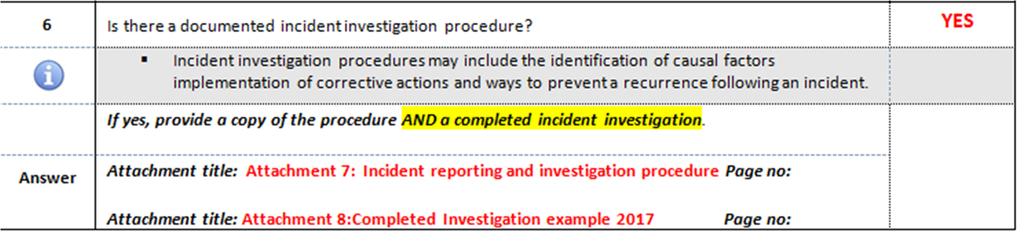 Safety Management NOTE: Where a completed example is requested, submitting a template form does NOT meet the evidence
